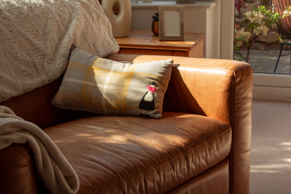 Sunlit living room with a cozy leather sofa and decorative pillow.